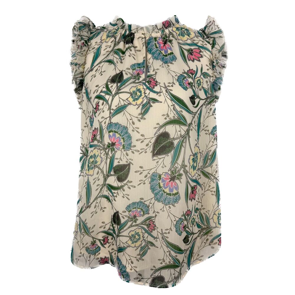 LOFT Sz S Ivory Sleeveless Lined Floral Ruffle Neck Sheer Tank Top